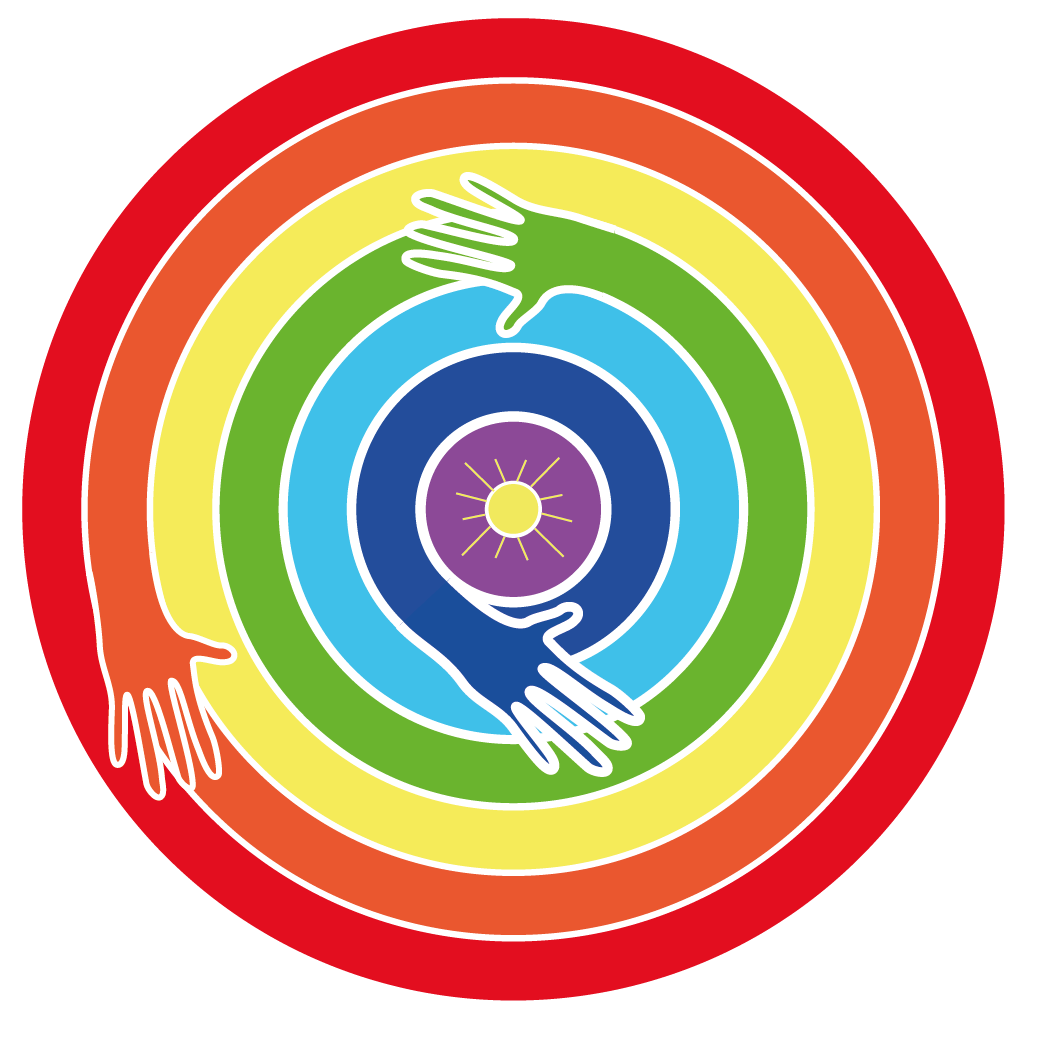 Ilustración sobre manos que se mueven, el arco iris y el sol que sale